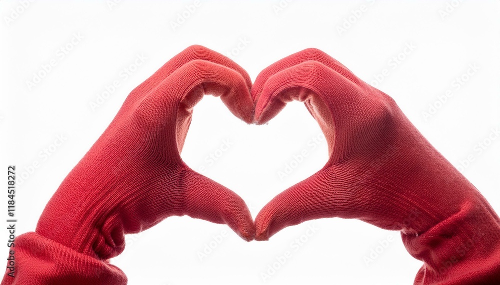 Obraz premium Red Heart Hands: A pair of hands clad in red gloves form a heart shape, symbolizing love, compassion, care, and connection. The vibrant red hue adds a touch of warmth and passion. 