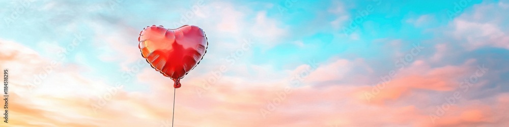Fototapeta premium Bright red heart shaped balloon floats against a cloudy sky creating a vibrant atmosphere