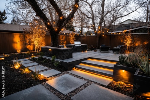 A backyard undergoing an upgrade, with workers installing a modern patio, an outdoor kitchen, and a smart lighting system