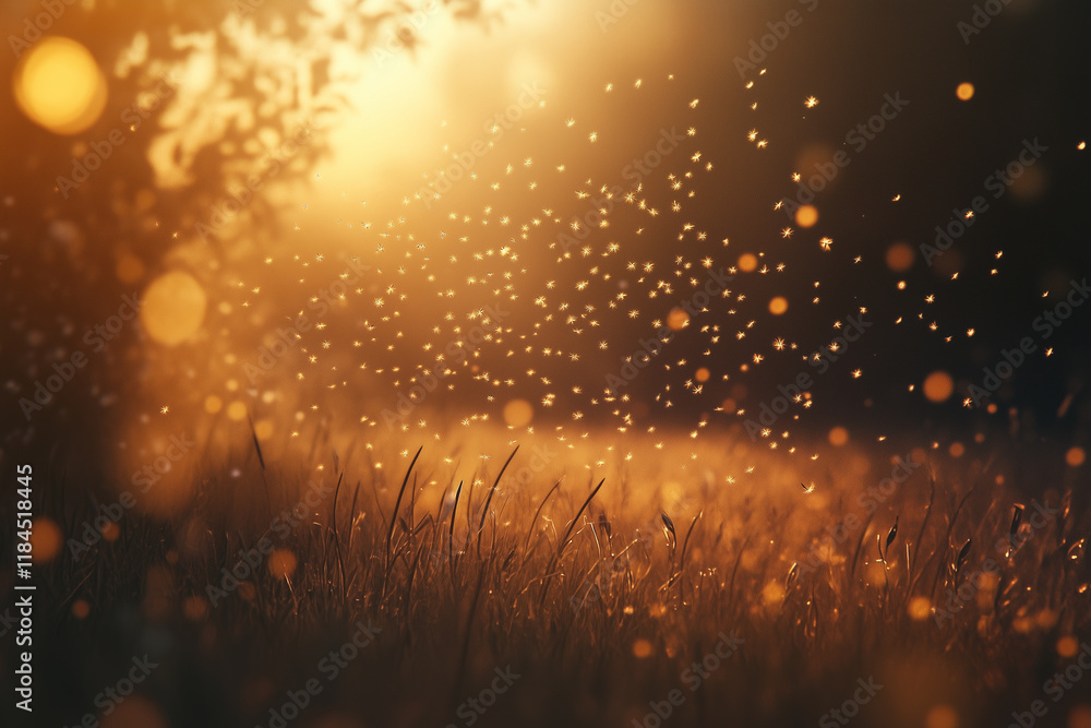 Dandelion seeds gracefully drifting through a vibrant summer field at sunset Dandelion seeds gracefully drifting through a vibrant summer field at sunset
