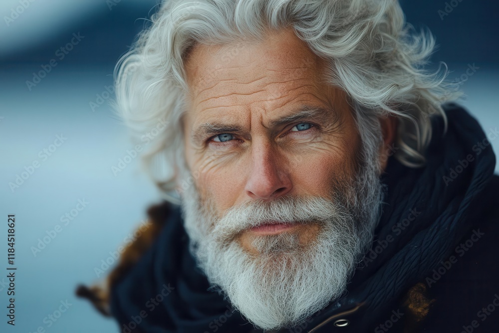 authentic portrait of distinguished elderly nordic man with flowing white hair and rugged beard against natural light capturing wisdom and character authentic portrait of distinguished elderly nordic man with flowing white hair and rugged beard against natural light capturing wisdom and character