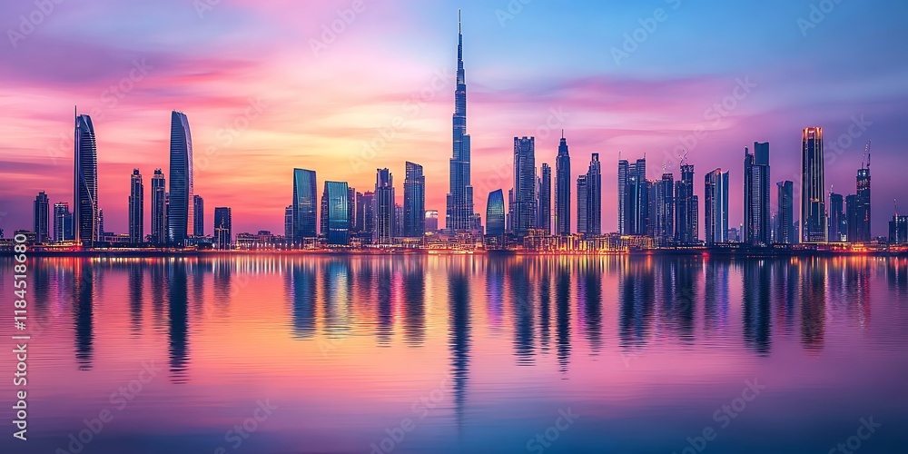 City skyline reflected in calm water at sunset. (2) City skyline reflected in calm water at sunset. (2)