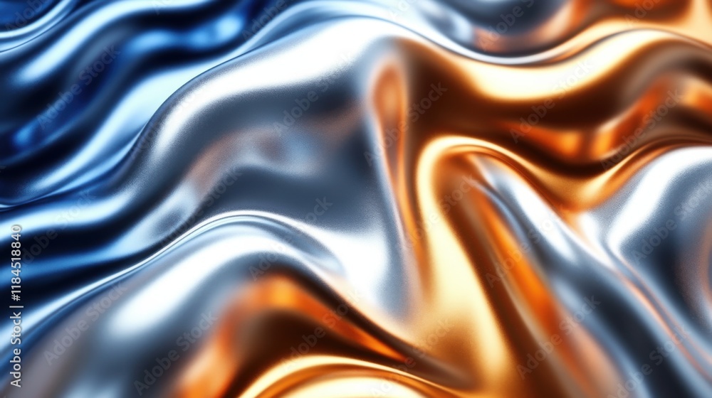 Fototapeta premium A close-up of flowing metallic fabric in blue and orange hues, showcasing texture and shine.