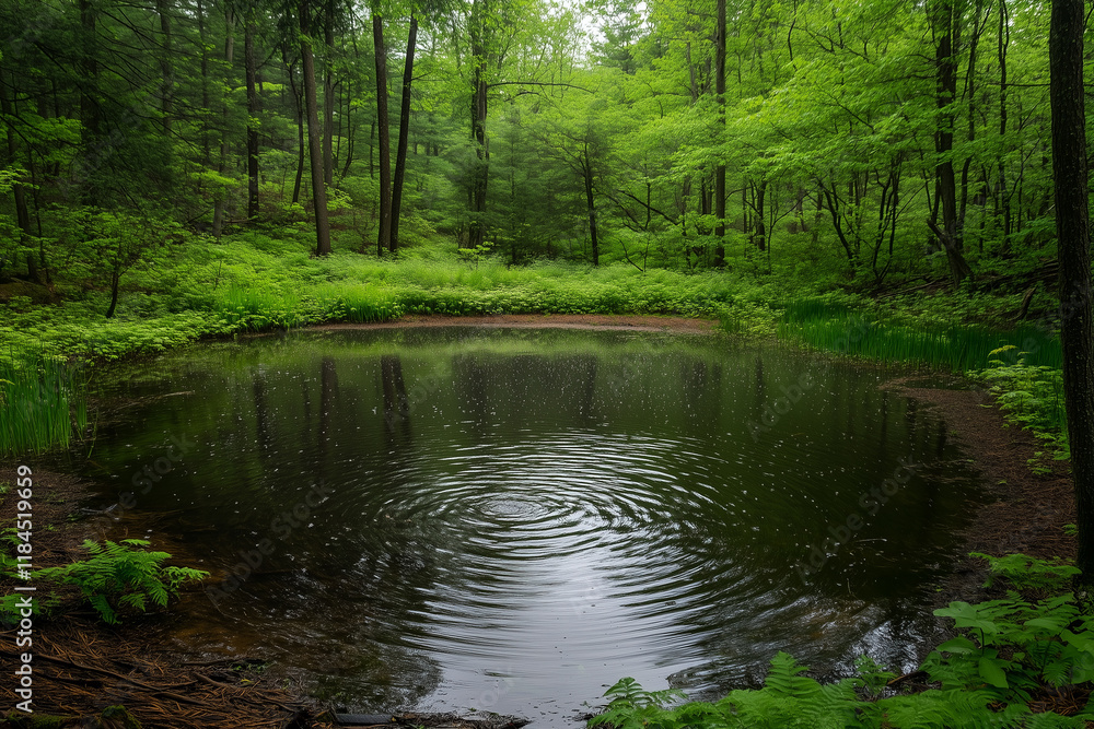 Raindrops create ripples on a tranquil forest pond surrounded by lush greenery