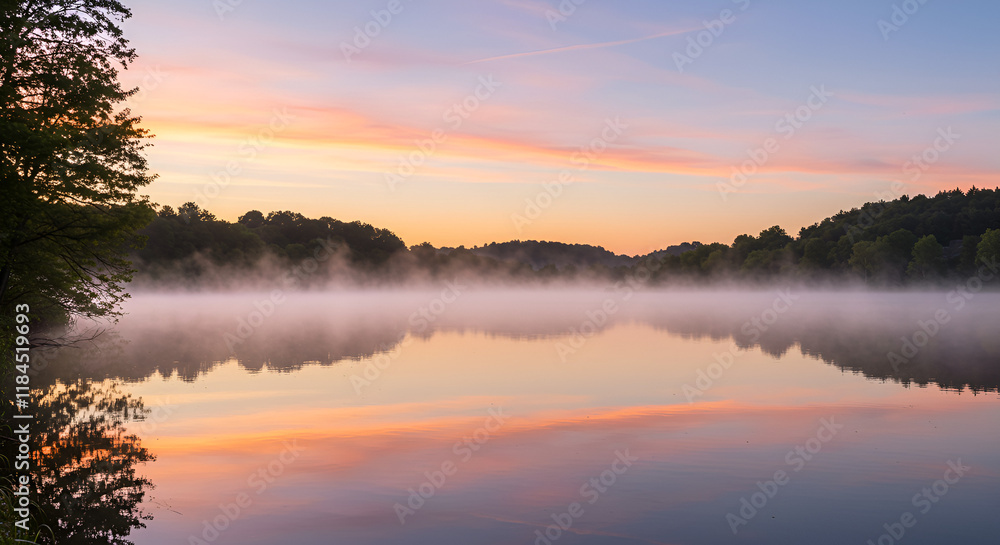 Fototapeta premium Serene Lake with Floating Fog