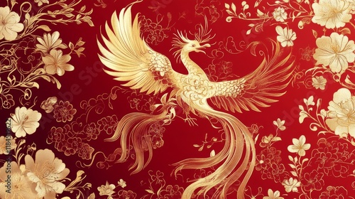 Majestic golden phoenix artwork cultural celebration digital art vibrant red background artistic perspective symbol of rebirth photo