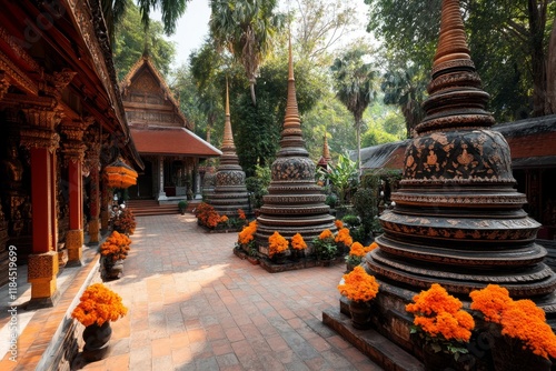 A bustling Wat Pho with its ubosot at the center, surrounded by chedis and vibrant activity
