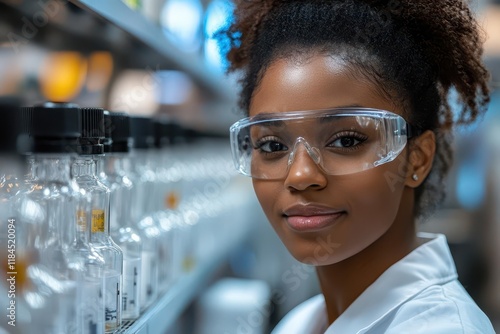 beautiful african american pharmacist in white lab coat and safety goggles carefully inspecting medical vials on modern production line with advanced quality control equipment