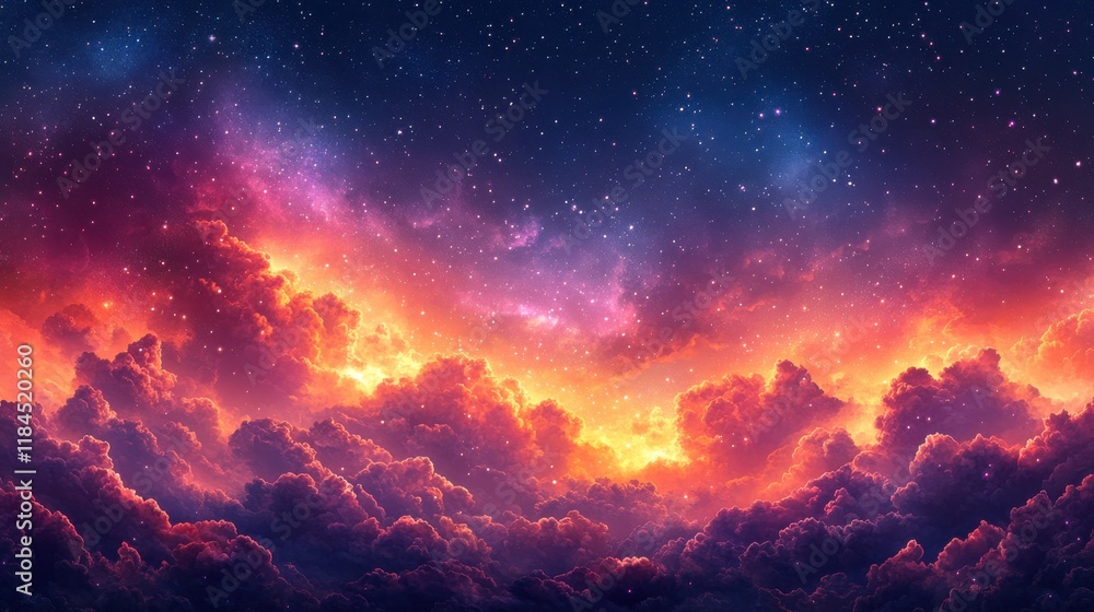Naklejka premium A vibrant cosmic scene with colorful clouds and a starry sky, evoking wonder and exploration.