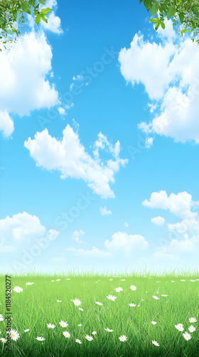 Spring Meadow Illustration: Green Grass, Daisies, Blue Sky