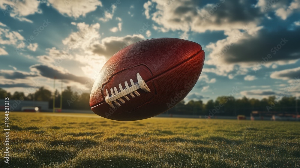 Dynamic Football in Sunset Glow Over Lush Green Field Dynamic Football in Sunset Glow Over Lush Green Field