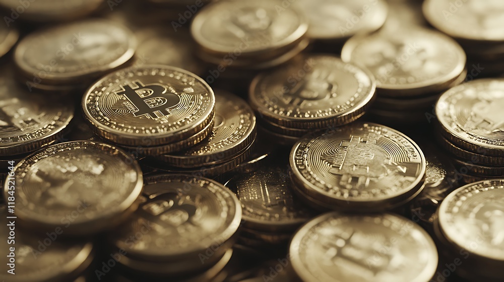 Close-up of numerous golden Bitcoin cryptocurrency coins piled together. Close-up of numerous golden Bitcoin cryptocurrency coins piled together.