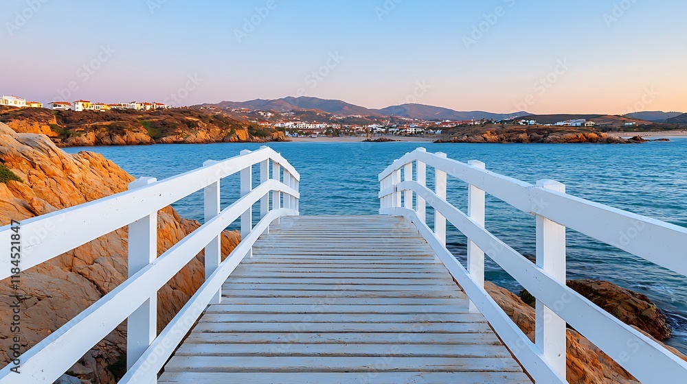 White wooden bridge over calm ocean water leading to coastal town at sunset. White wooden bridge over calm ocean water leading to coastal town at sunset.