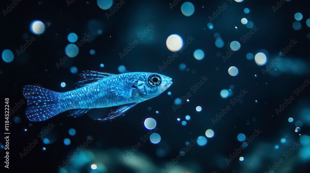 Fototapeta premium Vibrant blue fish swimming underwater with bubbles in a dark ocean environment