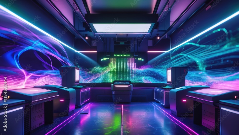 A vibrant, futuristic arcade featuring neon lights, colorful waves, and digital displays, creating an immersive gaming atmosphere. A vibrant, futuristic arcade featuring neon lights, colorful waves, and digital displays, creating an immersive gaming atmosphere.