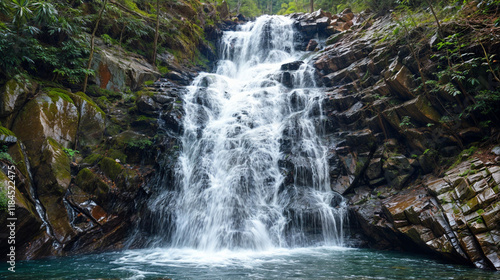 Scenic waterfall cascading over rocky cliffs into a pool of water, surrounded by lush green vegetation. Illustrates natural beauty and serene landscapes.

