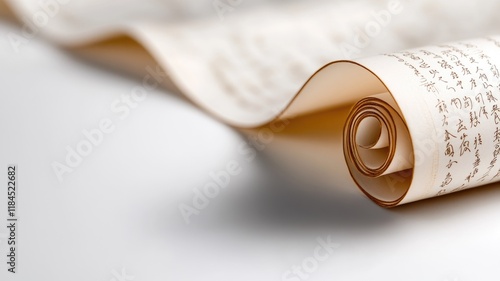 Rolled parchment with text in East Asian script displayed on clean surface