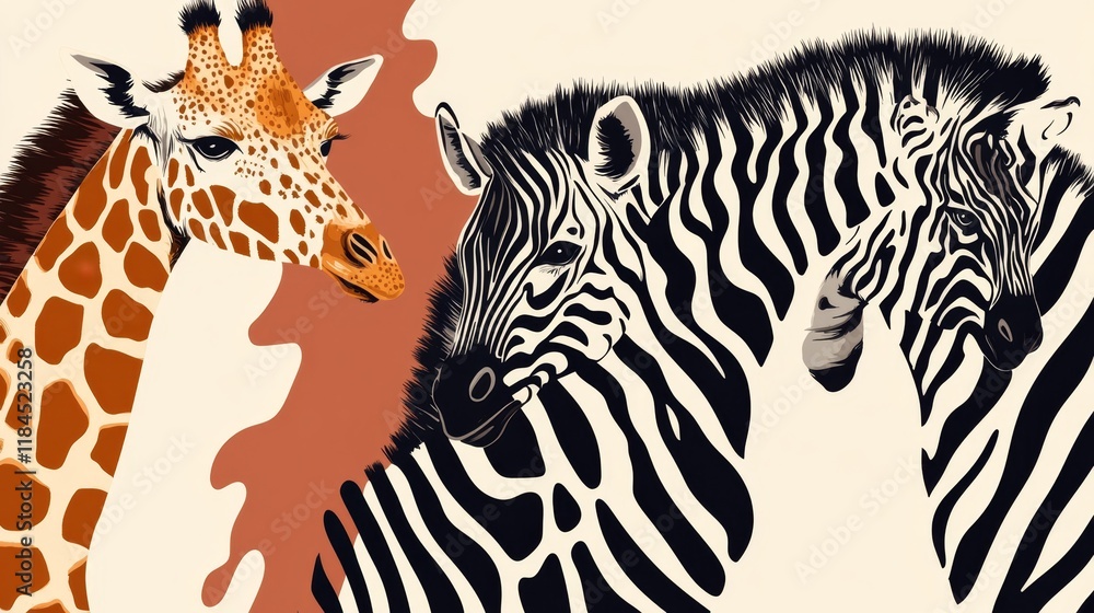 Fototapeta premium Giraffe and zebras in artistic illustration wildlife art vibrant colors playful composition creative viewpoint