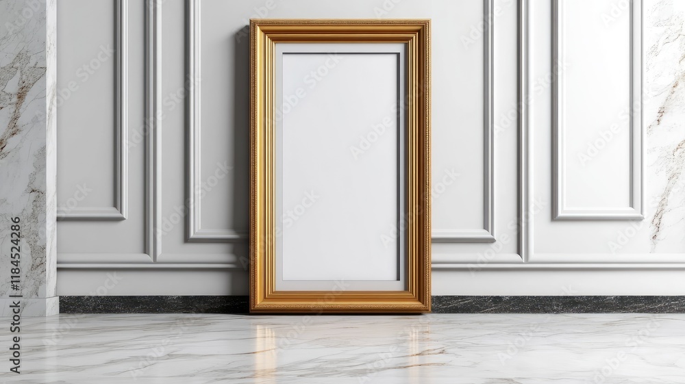 Ornate empty golden frame against white, elegant wall backdrop Ornate empty golden frame against white, elegant wall backdrop