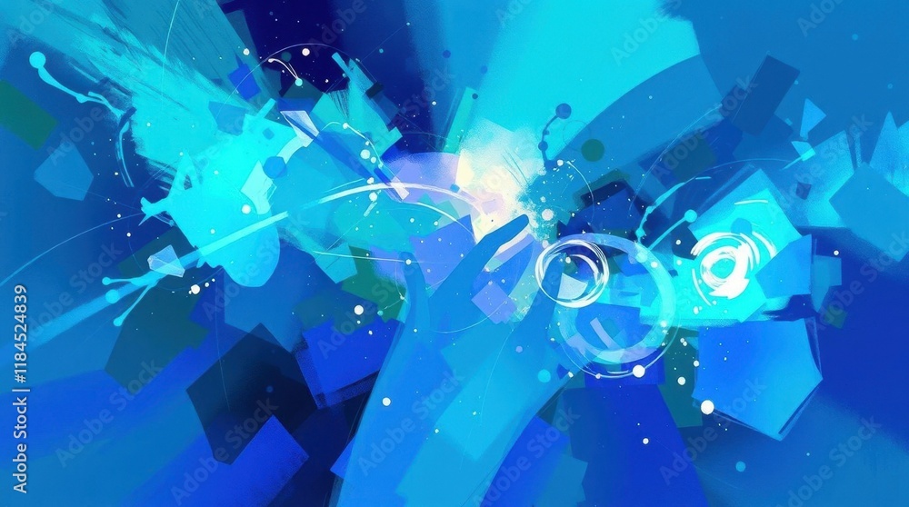 Obraz premium Dynamic blue abstract background with geometric shapes and glowing light effects