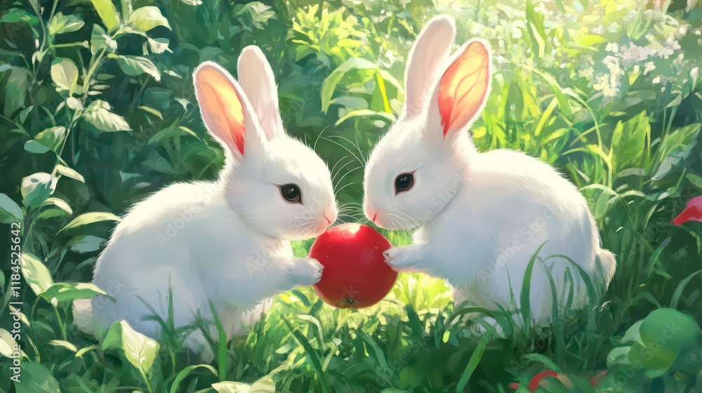 Obraz premium Two adorable white rabbits sharing a red apple in a lush green garden