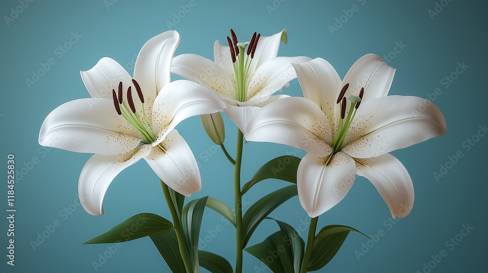 Fototapeta premium White Lilies on Blue Background, Graceful Floral Arrangement with Copy Space