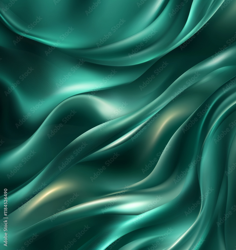 Obraz premium Dark jade green satin fabric background. Soft, flowing waves with shimmering highlights and gradient shadow effects. Elegant blank template.