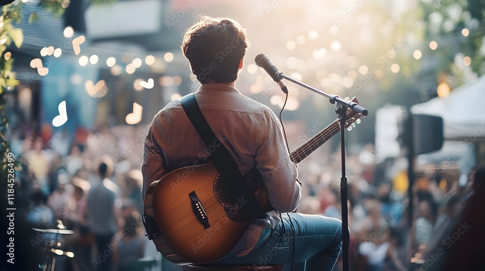Fototapeta premium Musician Performs Acoustic Guitar Song For Crowd