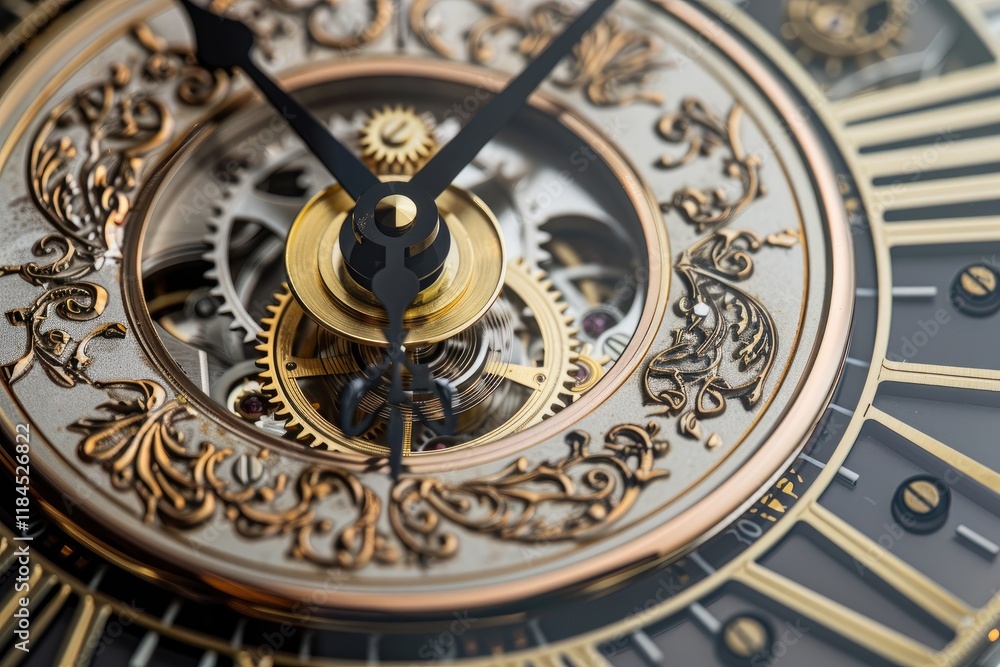 Obraz premium Close-up of Ornate Vintage Clockwork Mechanism with Intricate Gold Gears, Antique Steampunk Timepiece Movement Detail, Luxury Watch Engineering, Precision Craftsmanship