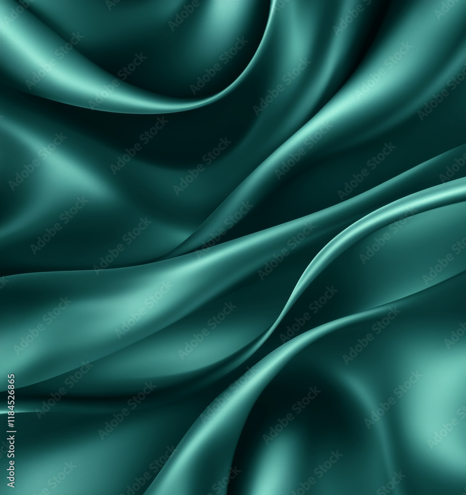 Fototapeta premium Dark jade green satin fabric background. Soft, flowing waves with shimmering highlights and gradient shadow effects. Elegant blank template.