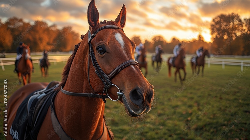 Obraz premium A close-up of a horse with riders in the background during a sunset.