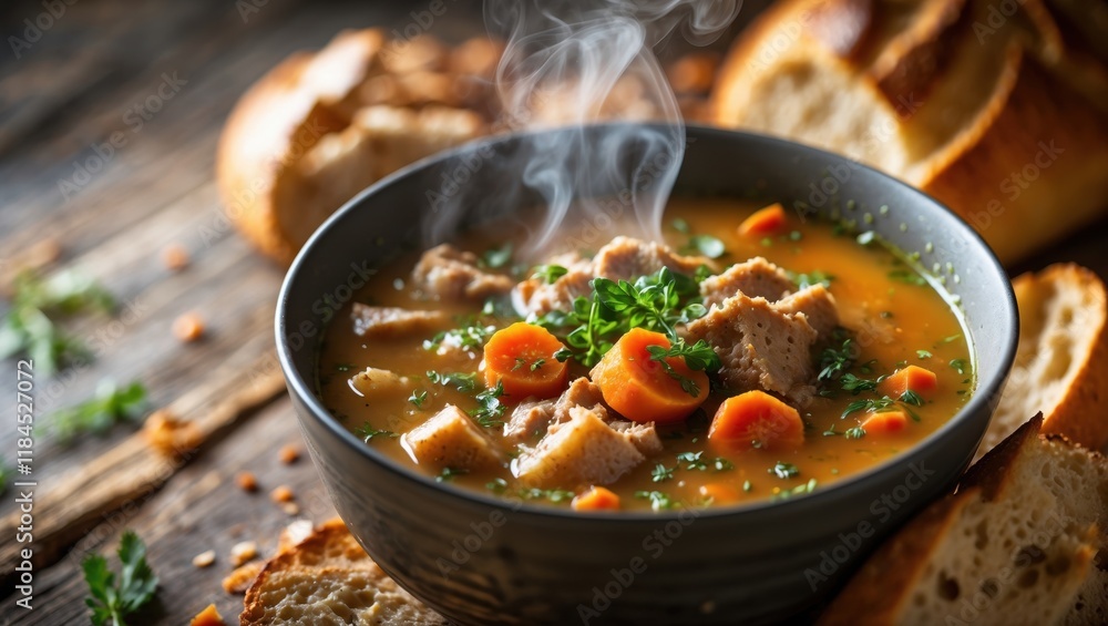 A steaming bowl of savory soup with carrots and herbs, surrounded by fresh bread, creating a warm and inviting meal setting. A steaming bowl of savory soup with carrots and herbs, surrounded by fresh bread, creating a warm and inviting meal setting.