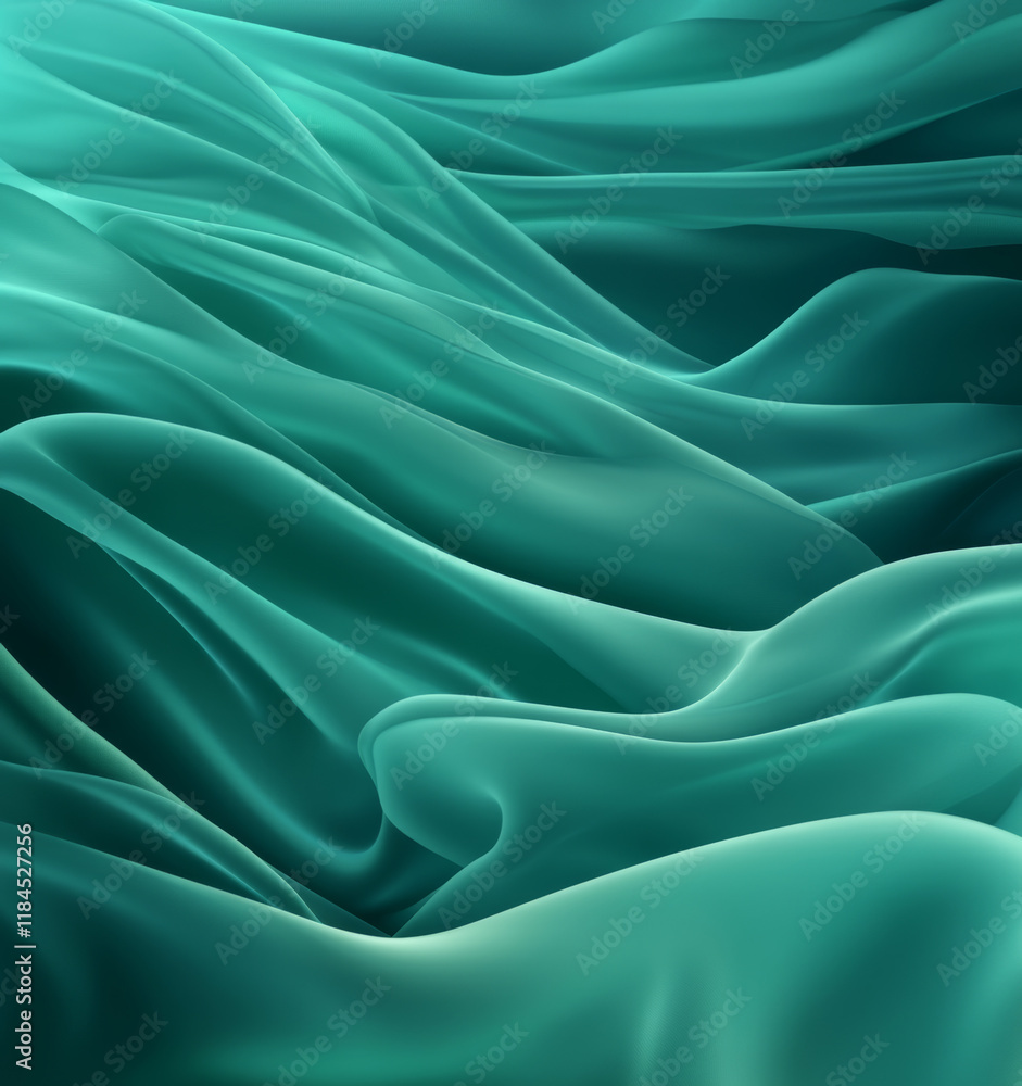 Dark jade green satin fabric background. Soft, flowing waves with shimmering highlights and gradient shadow effects. Elegant blank template. Dark jade green satin fabric background. Soft, flowing waves with shimmering highlights and gradient shadow effects. Elegant blank template.