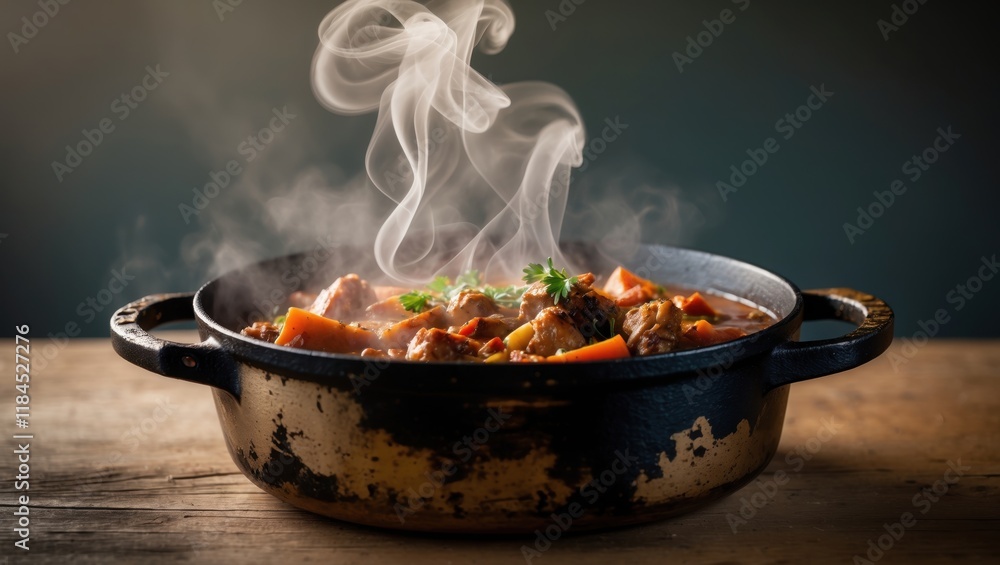 A steaming pot of delicious stew, filled with vibrant vegetables and meat, sits on a rustic wooden surface, exuding warmth and inviting aromas. A steaming pot of delicious stew, filled with vibrant vegetables and meat, sits on a rustic wooden surface, exuding warmth and inviting aromas.