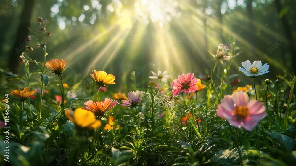 Obraz premium Vibrant Wildflowers in Serene Meadow with Sunbeams Shining Through Lush Foliage