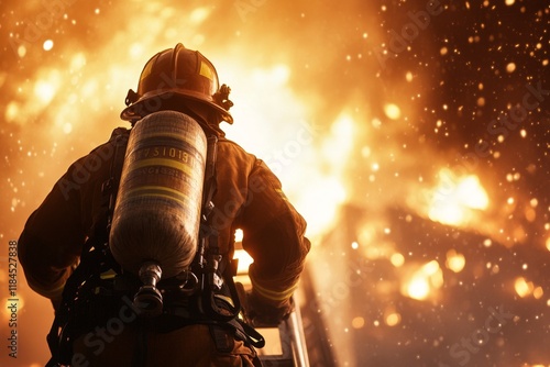 A firefighter climbing a ladder towards a burning building, with urgency evident in their movements