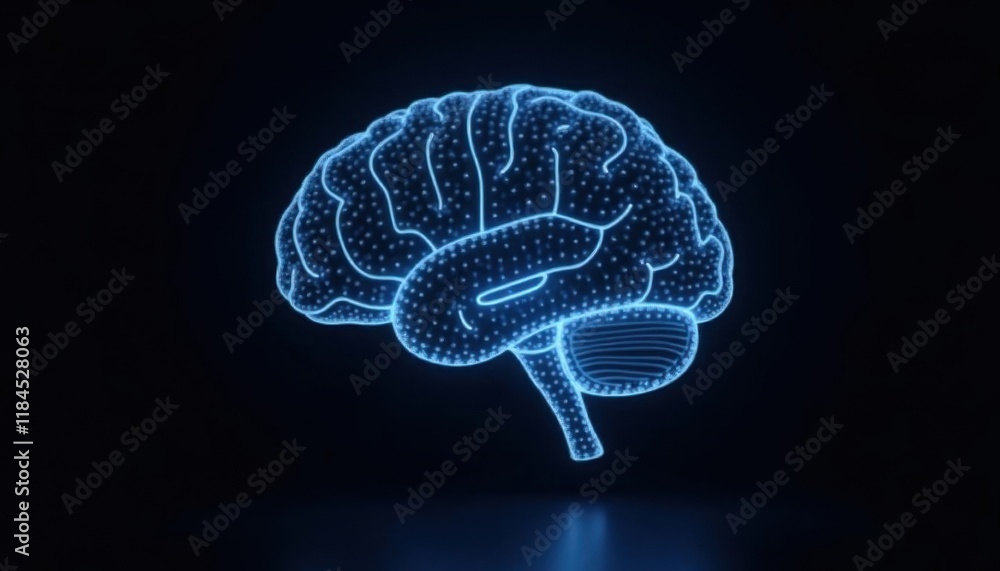 Futuristic digital brain hologram in neon blue light on dark background Futuristic digital brain hologram in neon blue light on dark background