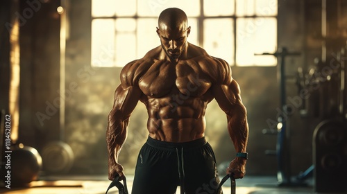 Muscular Bodybuilder in Dramatic Gym Setting:  A Powerful Fitness Image