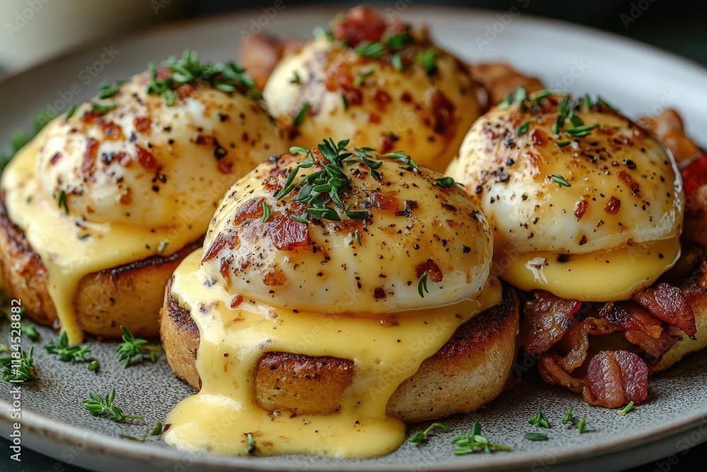 classic american eggs benedict breakfast with hollandaise sauce poached eggs on english muffins with canadian bacon hash browns and fresh herbs classic american eggs benedict breakfast with hollandaise sauce poached eggs on english muffins with canadian bacon hash browns and fresh herbs