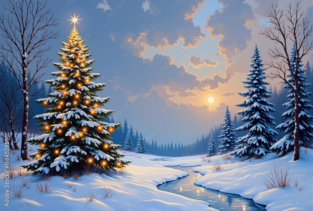 Fototapeta premium Illuminated Christmas Tree in Winter Landscape