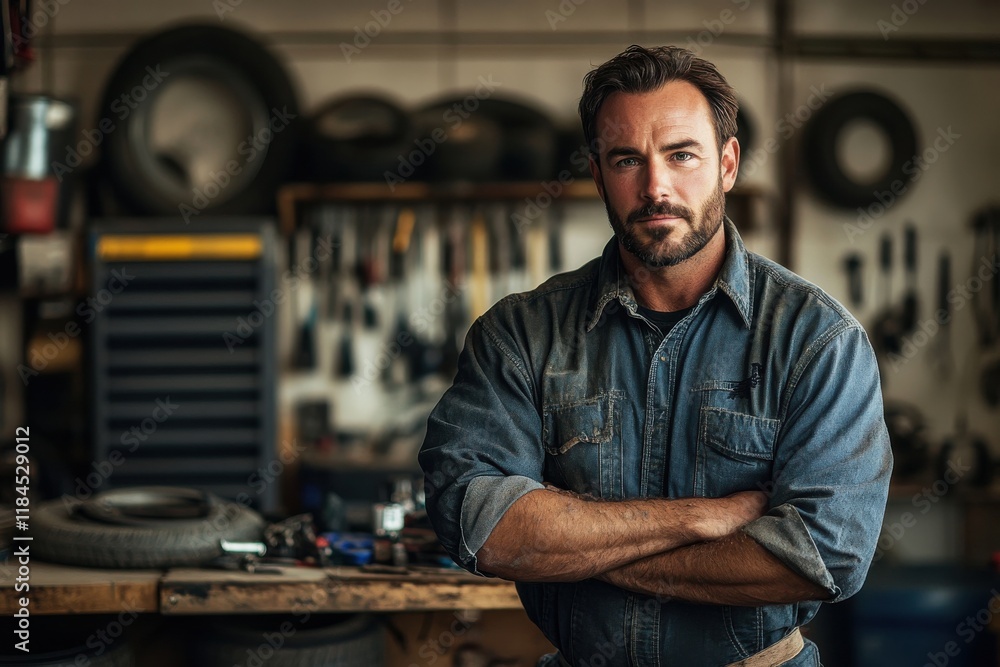 Male car mechanic leaning against workbench in spacious garage Male car mechanic leaning against workbench in spacious garage