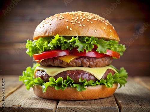 Burger King with tomatoes ketchup sliced onions cheese fresh lettuce and soft buns photo