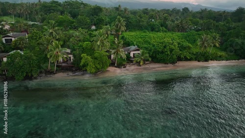 Aerial view of tropical beach with palm trees and lush forest along the serene coastline, Tuamasaga, Samoa. photo