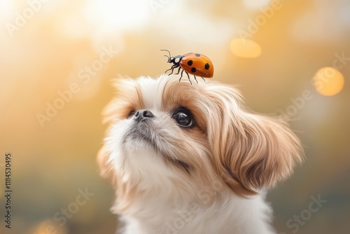 A fluffy Shih Tzu puppy exploring a garden with a tiny ladybug resting on its nose