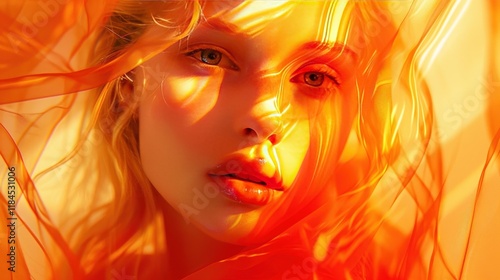 Close-up portrait of a young woman's face, partially obscured by translucent orange fabric, lit by warm sunlight. photo