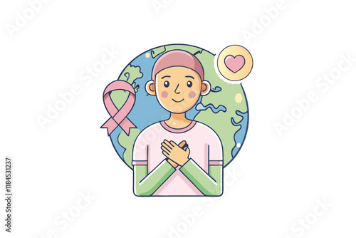 Soft and emotional illustration of a cancer survivor expressing gratitude and strength, with a ribbon and earth motif, World Cancer Day