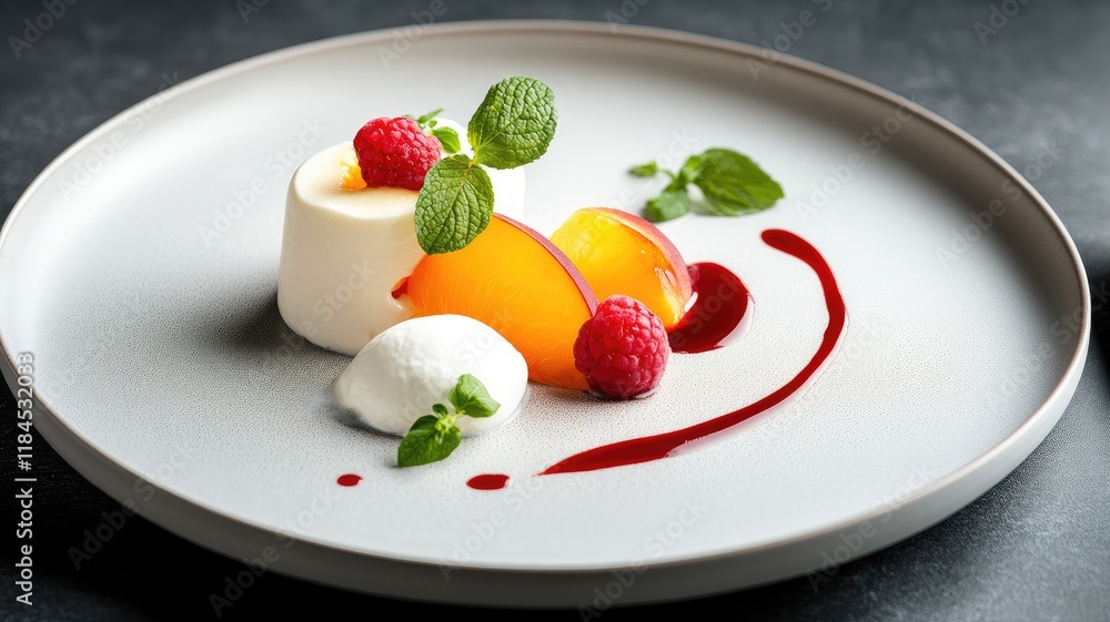 Elegant dessert with panna cotta, raspberries, peaches, and mint garnish on stylish plate Elegant dessert with panna cotta, raspberries, peaches, and mint garnish on stylish plate