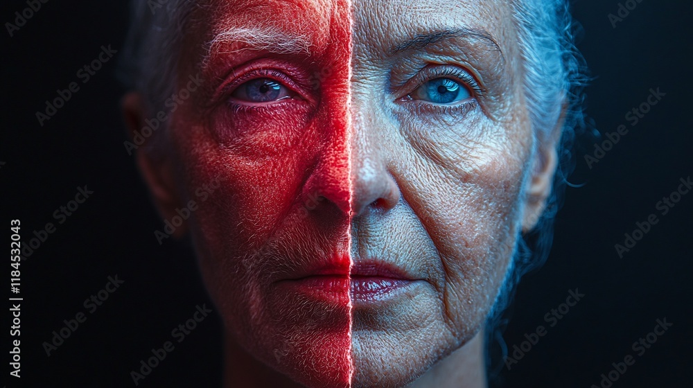 Close-up portrait of an elderly woman's face, split into red and blue halves, highlighting contrasting skin tones and textures. Close-up portrait of an elderly woman's face, split into red and blue halves, highlighting contrasting skin tones and textures.