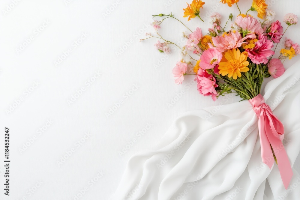 Obraz premium Beautiful bouquet of pastel wildflowers tied with pink ribbon on white linen cloth