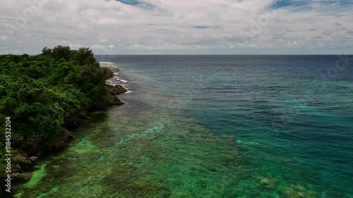 Aerial view of serene turquoise ocean and idyllic coastline with lush greenery and reef, Shefa Province, Vanuatu. photo